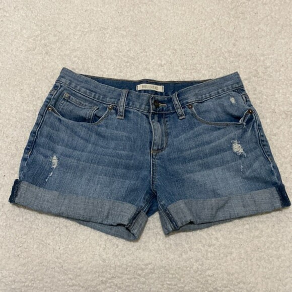 Bullhead Jean Shorts Denim Stretchy Short Womens 7 Rolled Cuffed Hem Distressed - Picture 1 of 13